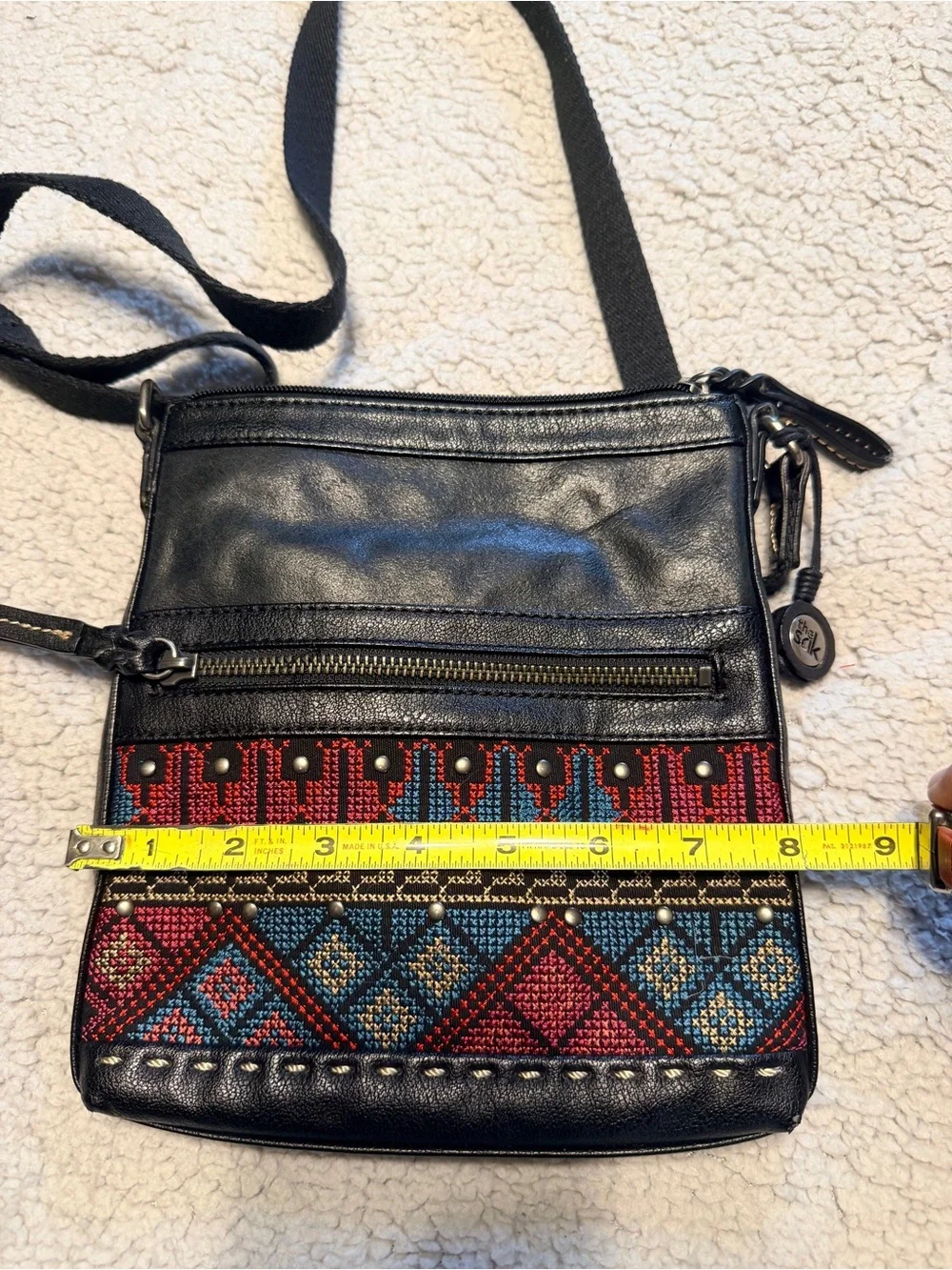 The Sak Black Leather Crossbody with Multicolor Geometric Embroidery